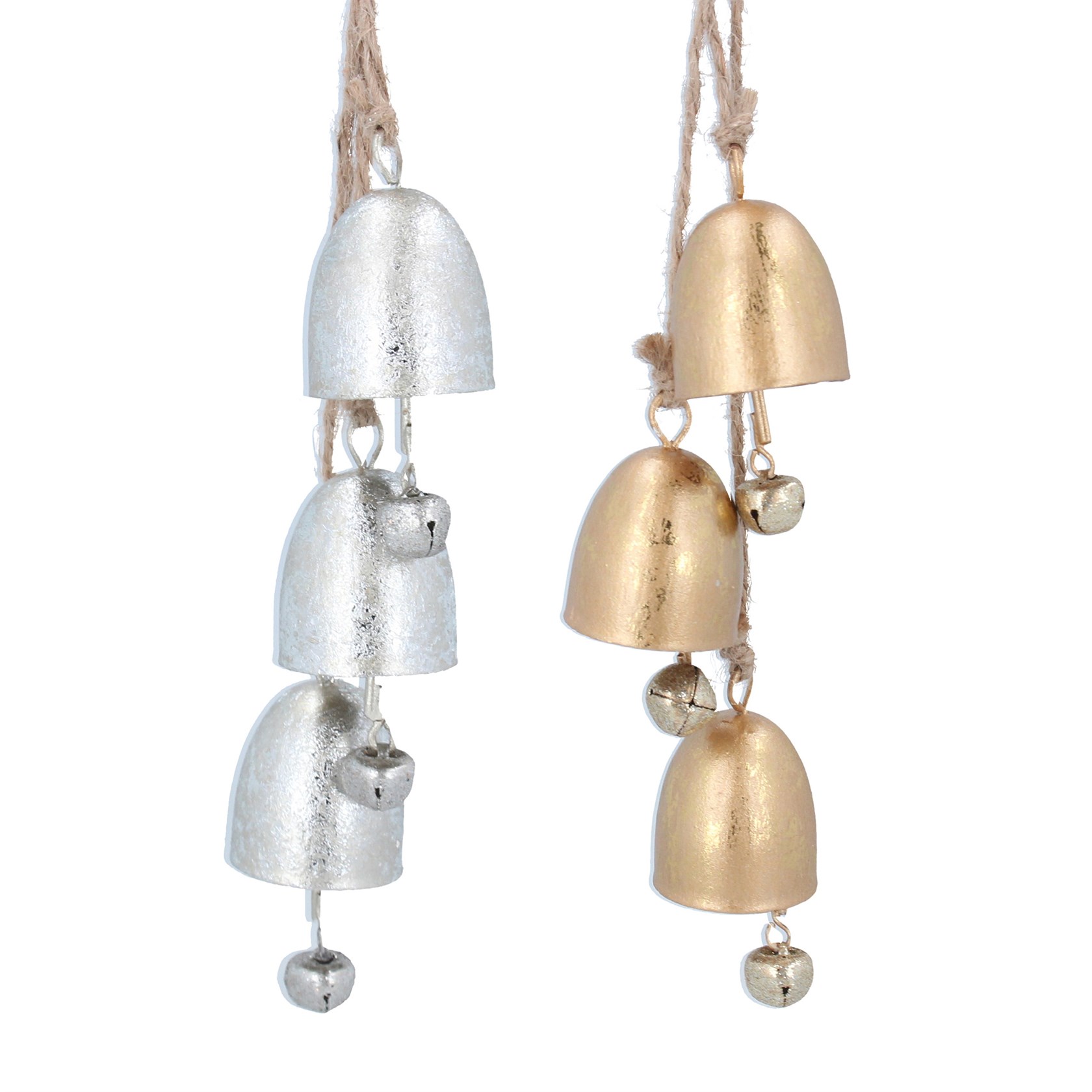 Matt gold and silver cowbell cluster hanging Christmas decoration. By Gisela Graham. The perfect festive addition to your home.